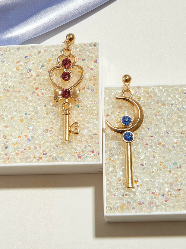 Heart & Moon Rhinestone Key Drop Earrings