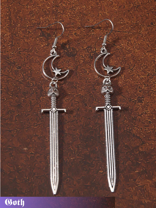 Long Gothic Crescent Moon Sword Dangle Earrings