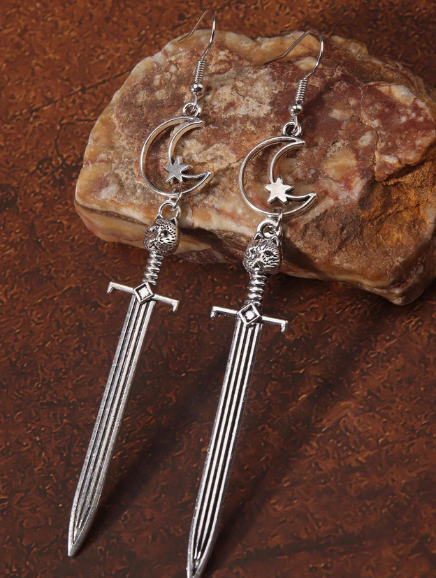 Long Gothic Crescent Moon Sword Dangle Earrings