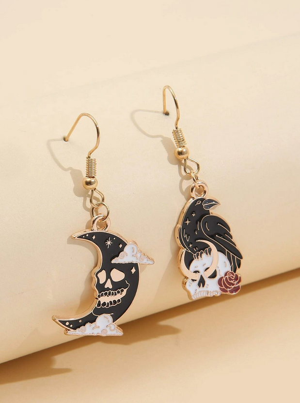 Witchy Raven Skull Moon Dangle Earrings