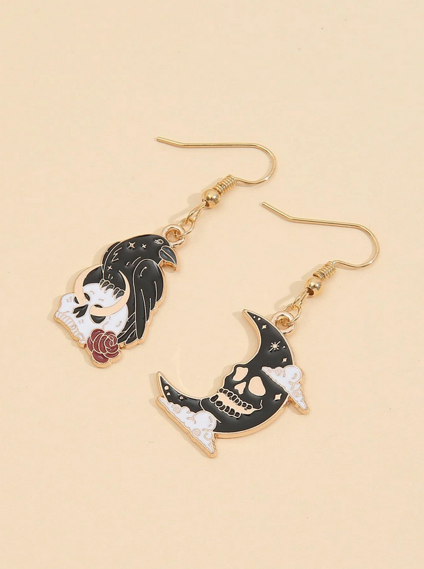 Witchy Raven Skull Moon Dangle Earrings