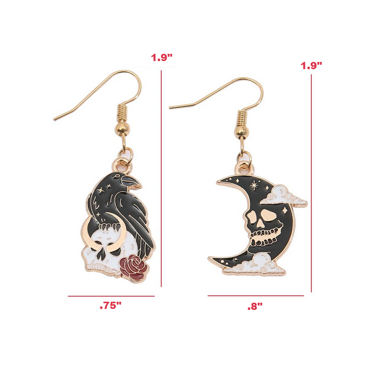 Witchy Raven Skull Moon Dangle Earrings