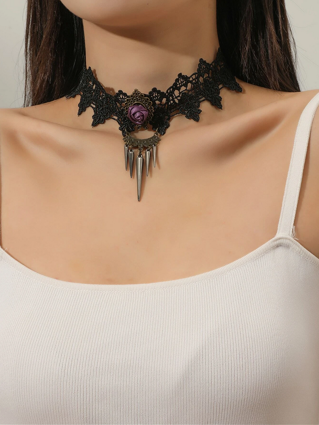 Black Lace Center Rose and Spikes Choker Necklace