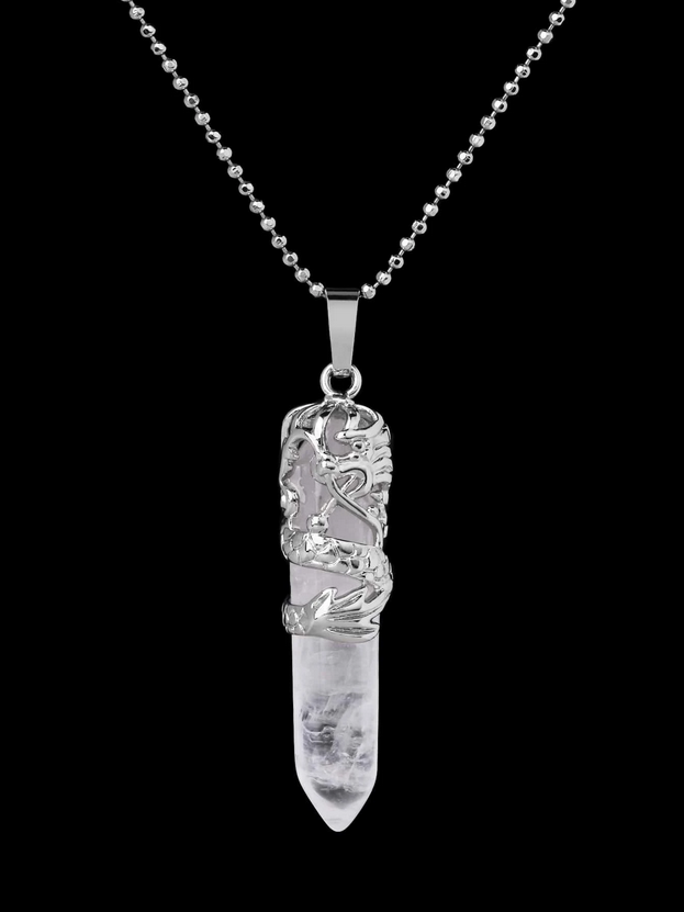 Chinese Dragon Natural Quartz Crystal Pendant Necklace