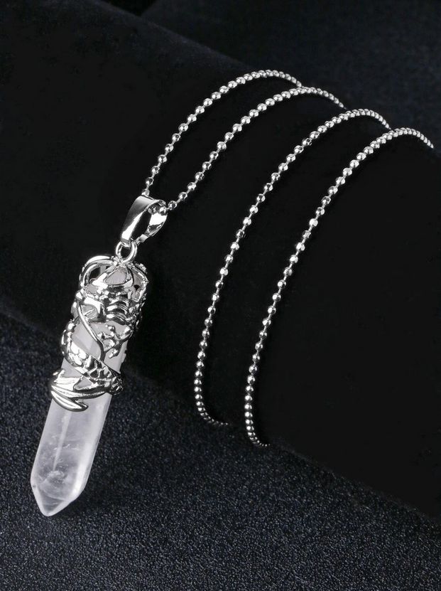 Chinese Dragon Natural Quartz Crystal Pendant Necklace