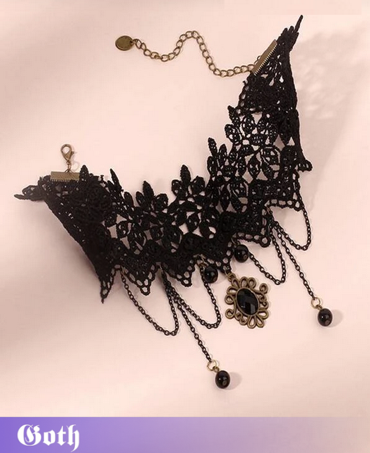 Goth Black Lace Wide Band Drop Choker
