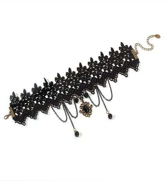 Goth Black Lace Wide Band Drop Choker