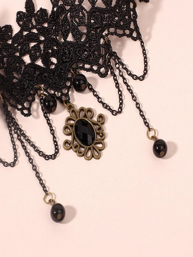 Goth Black Lace Wide Band Drop Choker