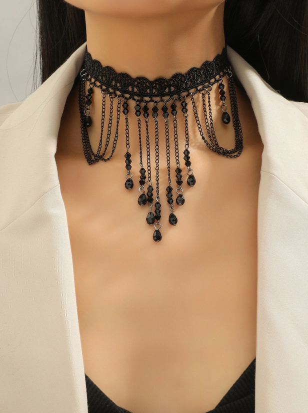 Goth Black Lace Tassel Chain Drop Choker