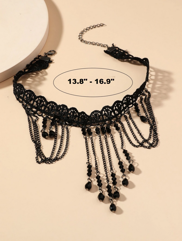 Goth Black Lace Tassel Chain Drop Choker