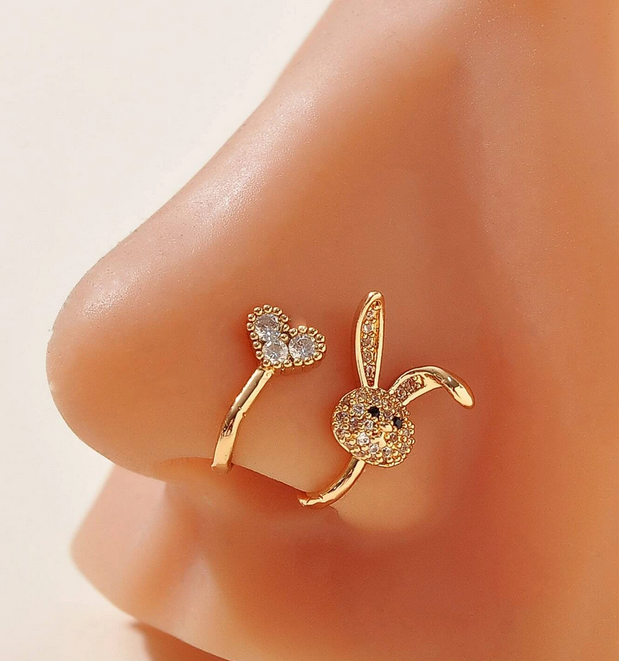 Clip-on Rhinestone Heart & Playboy Rabbit Nose Ring