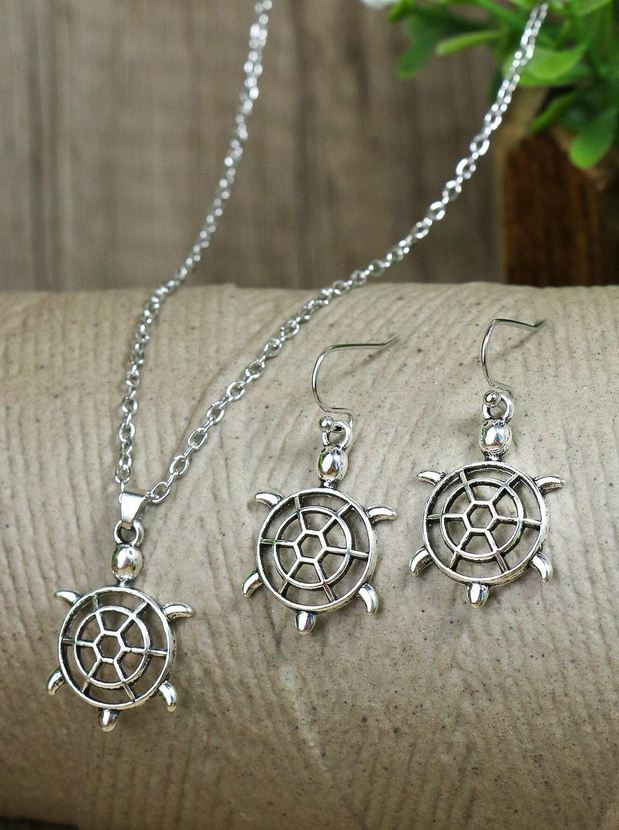 Tribal Style Small Turtle Drop Earring / Necklace Set