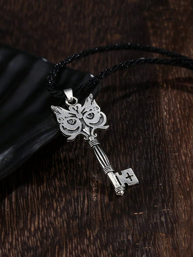 Wiccan Owl Skeleton Key Rope Necklace