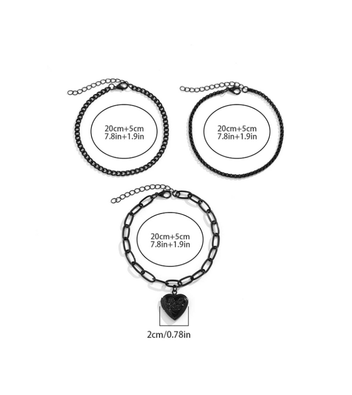 Goth Black Heart (Locket) 3 Piece Anklet