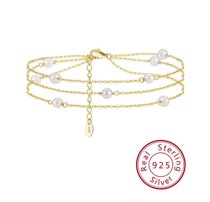 Boho Cultured Pearl 3 Layer Sterling Silver Anklet
