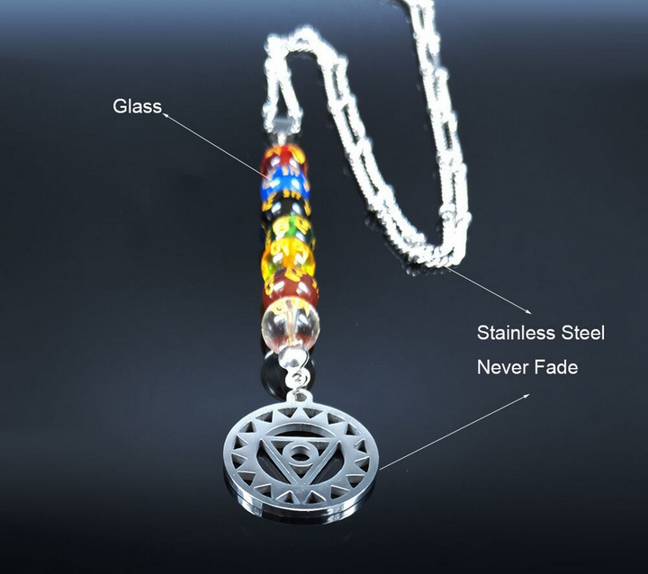 Colored Glass Long 7 Chakra Symbol Necklace