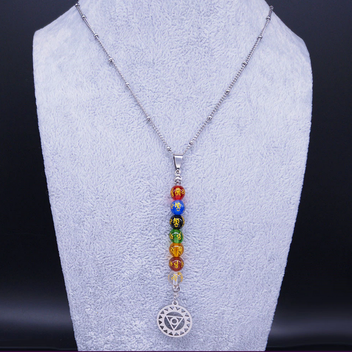 Colored Glass Long 7 Chakra Symbol Necklace