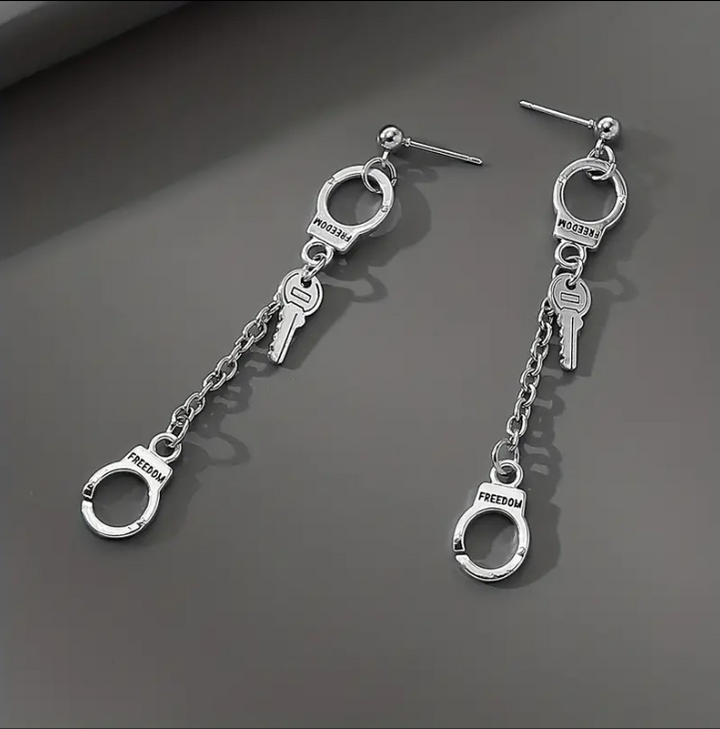 Punk Stainless Steel Long Chain Handcuffs W/ Keys Earrings
