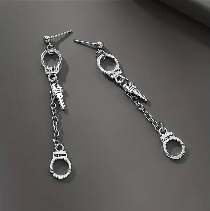 Punk Stainless Steel Long Chain Handcuffs W/ Keys Earrings
