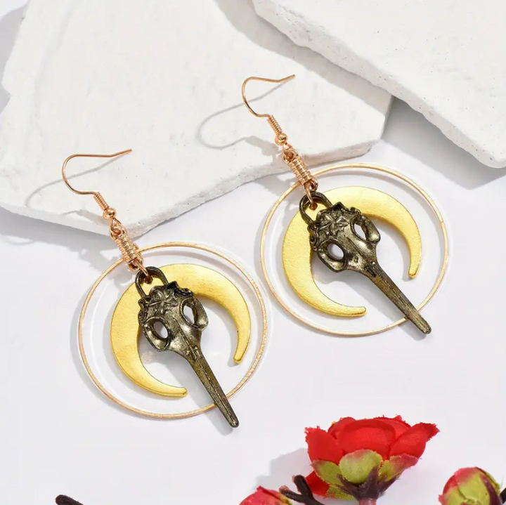 Vintage Moon Raven Skull Drop Earrings