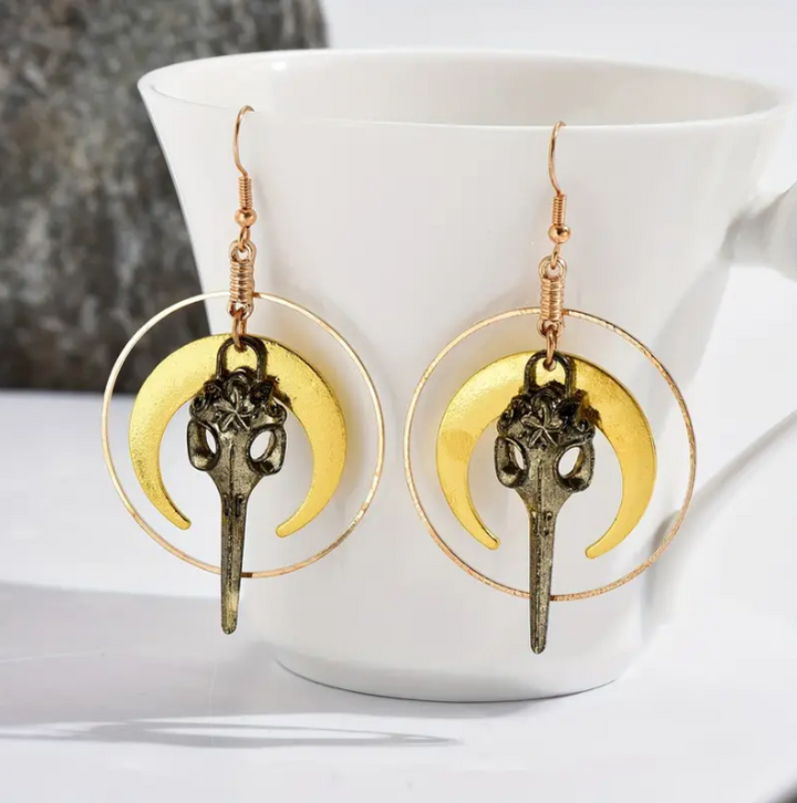Vintage Moon Raven Skull Drop Earrings