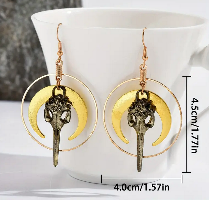 Vintage Moon Raven Skull Drop Earrings