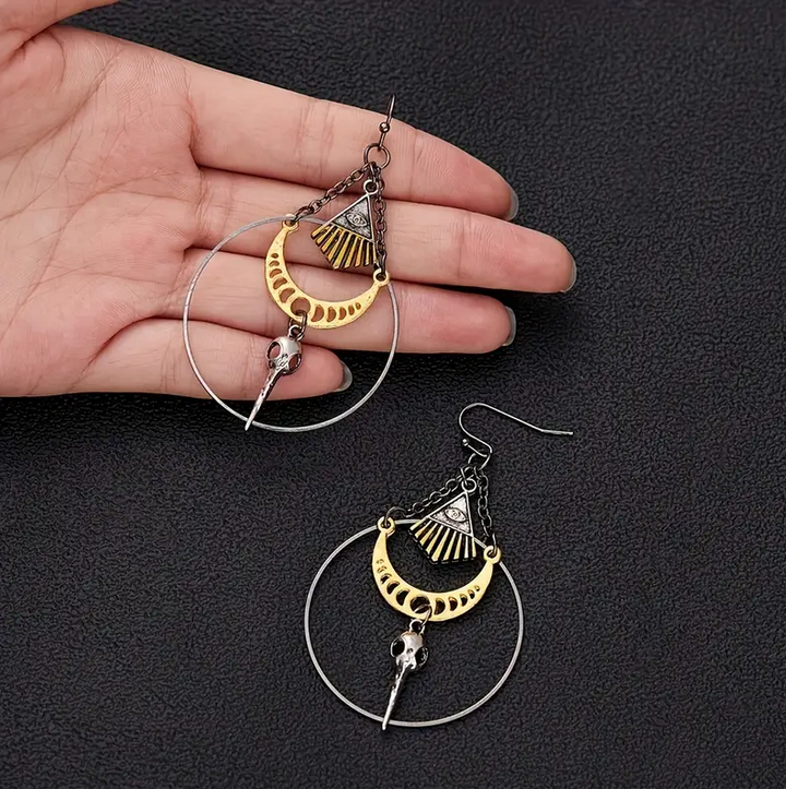 Devil's Eye Moon Raven Skull Hoop Earrings