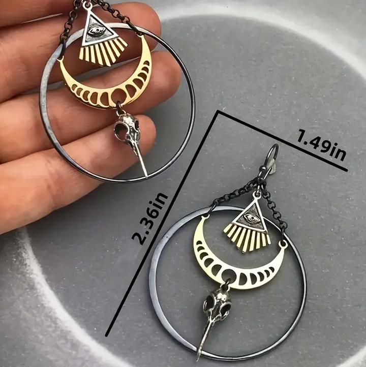 Devil's Eye Moon Raven Skull Hoop Earrings