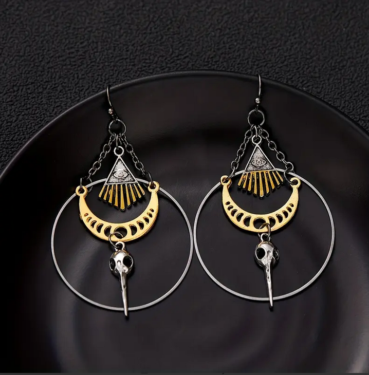 Devil's Eye Moon Raven Skull Hoop Earrings