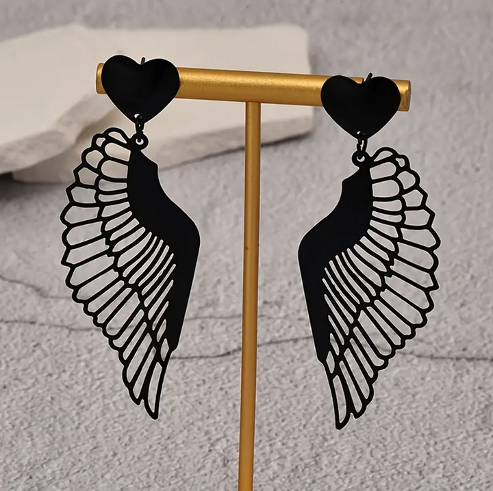 Gothic Heart Large Black Wings Earrings