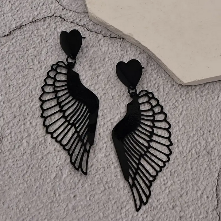 Gothic Heart Large Black Wings Earrings