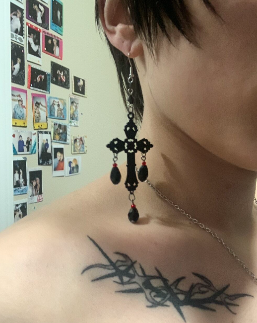 Gothic Black Cross Beaded Drop Earrings