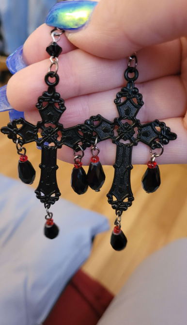 Gothic Black Cross Beaded Drop Earrings