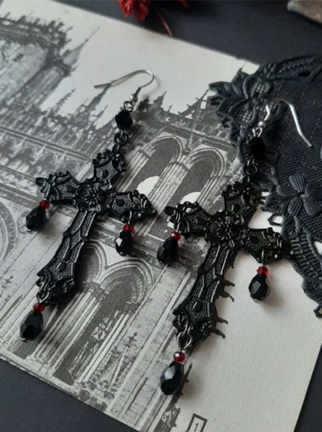 Gothic Black Cross Beaded Drop Earrings