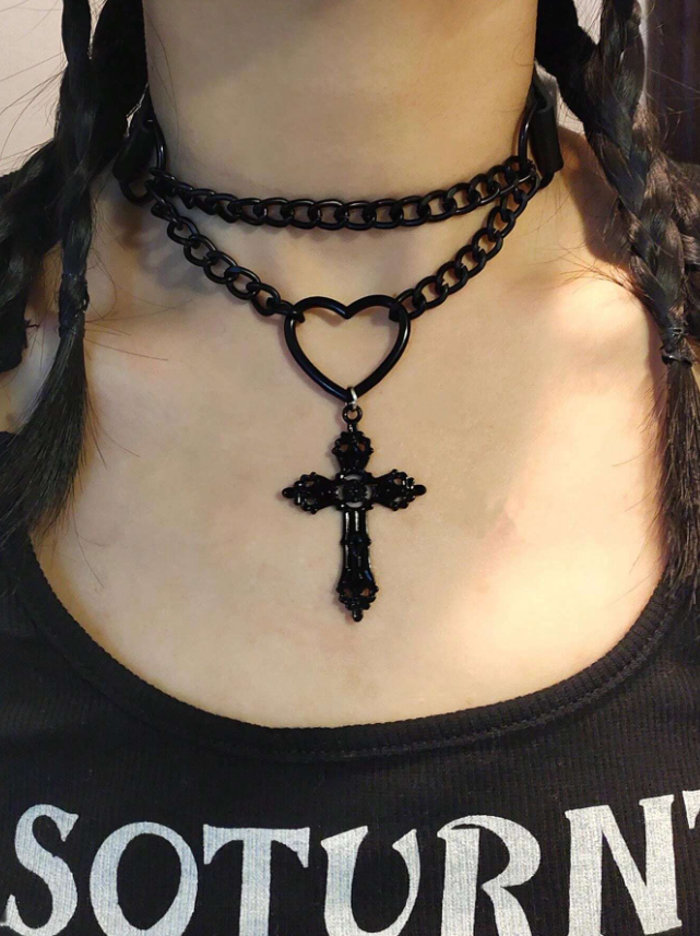 Gothic Black Cross Heart Choker Necklace