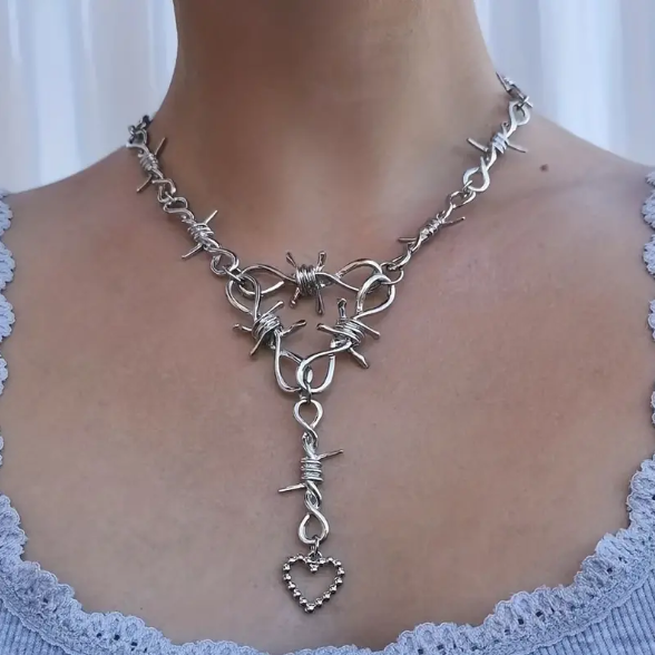 Barbed (Barb) Wire Goth / Punk Necklace W/ Heart