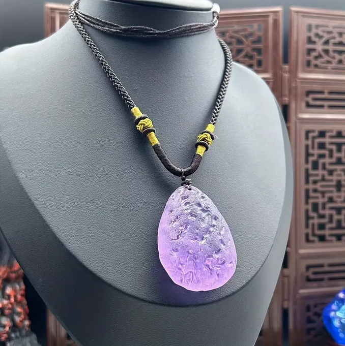 Natural Czech Meteorite Pendant Necklace - Light Purple Water Drop Design