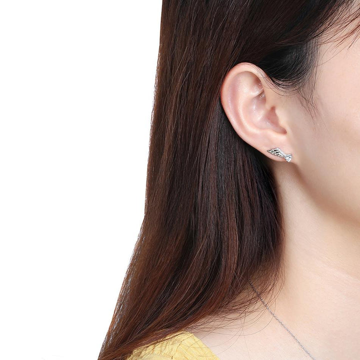 14mm Angel Wing Stud Earring with Heart Shaped Stone