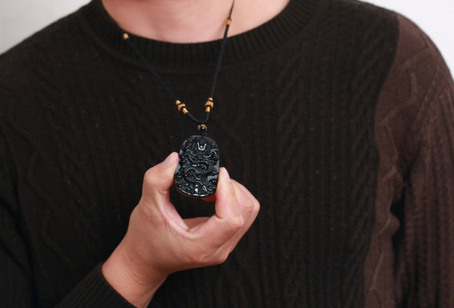 Natural Obsidian Drangon Pendant Rope Necklace