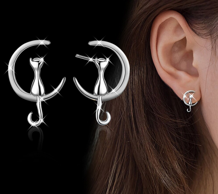Mystic Cat on Crescent Moon Earring / Necklace Set 925 Sterling Silver