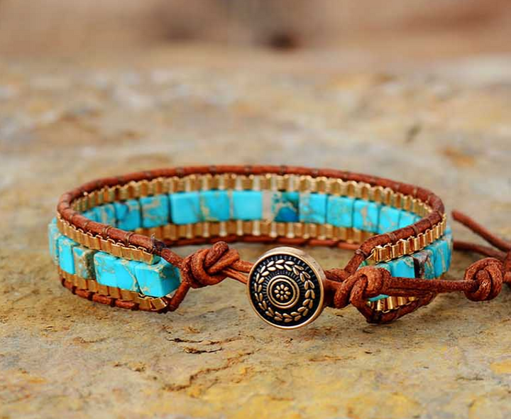 Turquoise Leather Boho Bracelet (Medium)