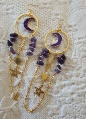 Amethyst Crescent Moon Pentagram Earrings