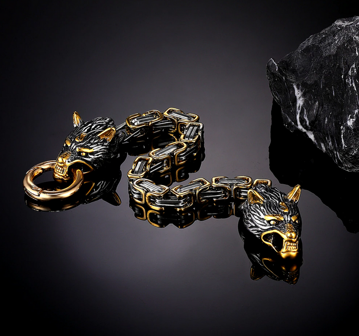 Dual Wolf Head Bracelet Mix Gold Cross Norse Amulet Pendant