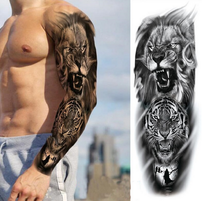 Lion Tiger Reaper Full Arm Henna Temporary Tattoo
