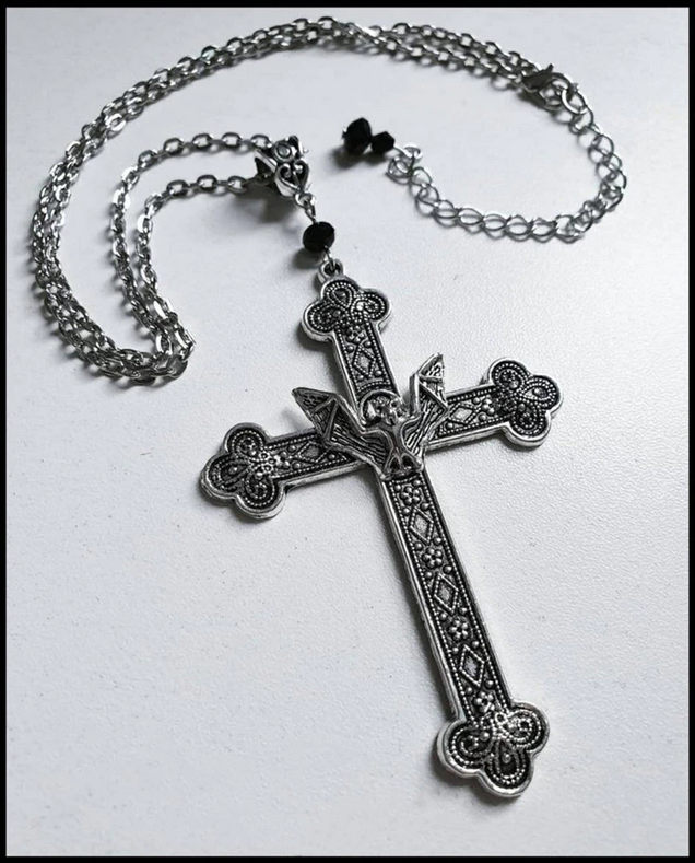 Gothic Antique Silver Filigree Vampire Bat Cross Necklace