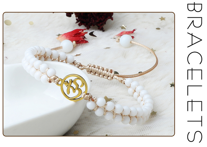 Om Sacred Symbol Natural White Onyx Alabaster 4mm Stone Bracelet (2 Types)