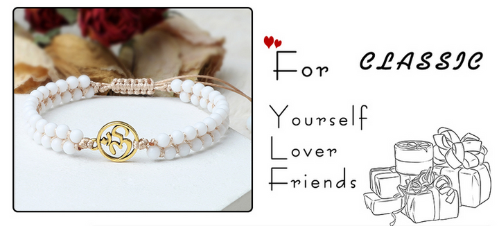 Om Sacred Symbol Natural White Onyx Alabaster 4mm Stone Bracelet (2 Types)