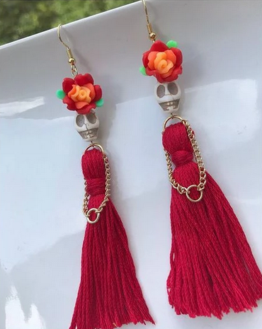 Skull with Tassels Dangle Earrings (Purple or Red)