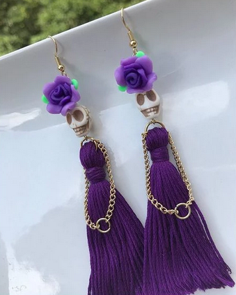 Skull with Tassels Dangle Earrings (Purple or Red)