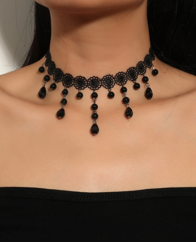 Beaded Drop Down Lace Choker